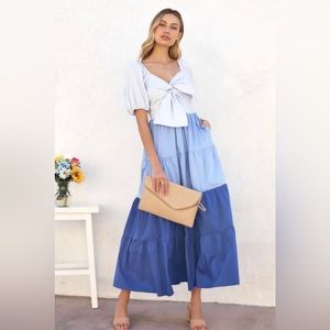 Puff Sleeve Bow Front Tiered Maxi Dress